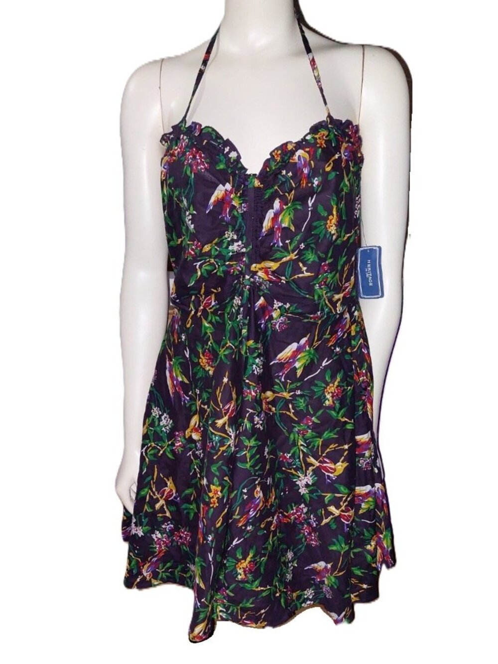 Heritage 1981 Bird Print Cotton PINUP Dress Halter Mini Sweetheart Neckline L